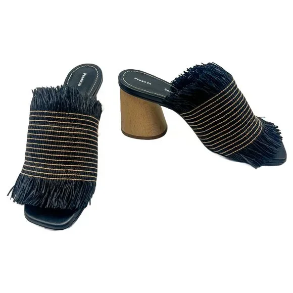 Proenza Schouler Straw Black and Beige Slide Sandal Block Heel Sz 36.5 - Picture 1 of 11